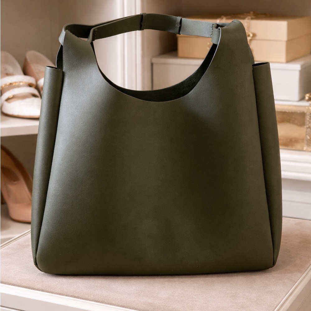 Olive Green Structured Tote Bag - Women's Shoulder Handbag